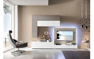 Basic 104 nappali, led világításos tv panellel,fali elemekkel kombinálva.
