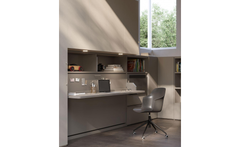 HIRO 2  egyszemélyes szekrényággyal, íróasztallal, felső könyvespolccal, forgatható TV-egységgel és gardróbszekrénnyel kombinált bútor. Egy nappali-íróasztal-ágy kombó, ez a moduláris rendszer tökéletes megoldás kis helységekbe.