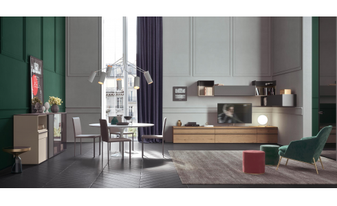 Modern elemes nappali variálható elemekkel és változatos színekben.