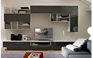 Led Living 12 design nappali, magasfényű fekete frontokkal.