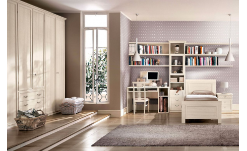 DEA 23 klasszikus olasz gyerekszoba kompozíció, ágy, elemes szekrénysor, szekrény íróasztal és szék megrendelhető a Lineaflex Olasz Bútoráruházban.