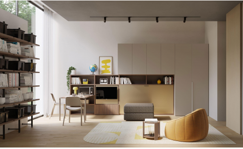 Nikai 3 kompozíció egy moduláris gardrób lehúzható egyszemélyes ággyal, beépített étkezőasztallal, forgatható TV egységgel és polcokkal. Nagyszerű megoldás kis stúdió apartmanokhoz, vendégszobákhoz és apró nyaralókhoz.