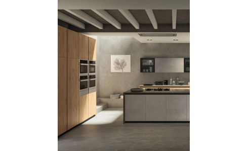 Cloe 4 modern konyha a natúr tölgy és a szürke betonlap hatású frontokkal kombinált, melyet a titán színű lábazat és fogantyú (GOLA) egészít ki. Többféle elemvariácó lehetséges.