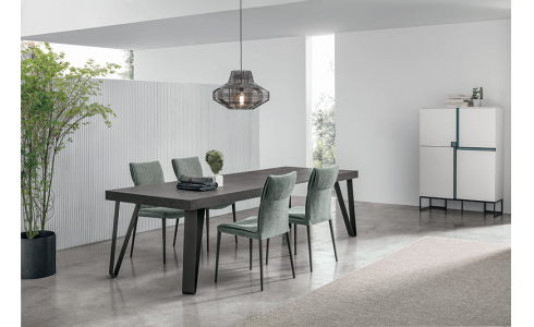 Focus modern étkező asztal lapja négyszögletes, bővíthető (maximum 270 cm), különleges hajlított fém lába 3 féle színben érhető el. Asztallap laminált felülettel, 12 féle színben rendelhető.