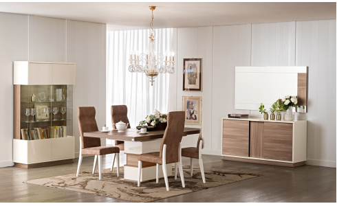 Canaletto matt dió és a magasfényű elefántcsontszín elegáns színkombinációjából álló nappali-étkező bútorcsalád.