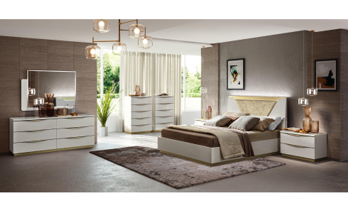 Kharma modern magasfényű fehér hálószoba bútor elegáns arany díszítéssel rendelhető, a képeken látható minden kiegészítő bútorral.