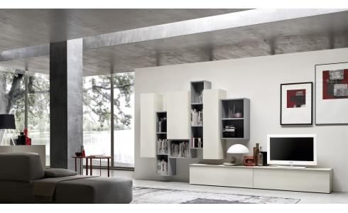 Modern elemes nappali bútorkompozíció az olasz Orme Modulo kollekciójában rejlő lehetőségek bemutatására. Segítünk megtervezni otthonát!