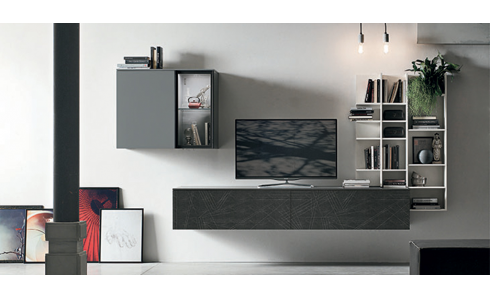 Prémiumkategóriás modern nappali bútorkompozíció gazdag szín és elemválasztékkal.