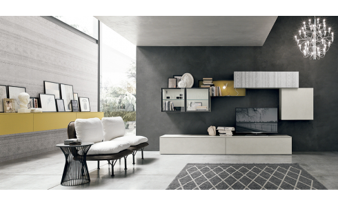 Prémium minőségű modern nappali bútorkompozíció gazdag szín és elemválasztékkal.
