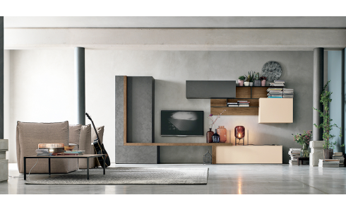 Modern nappali bútorkompozíció gazdag szín és elemválasztékkal. Megrendelhető a Lineaflex Olasz Bútoráruházban.