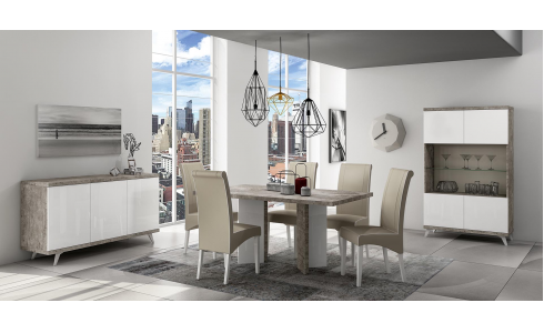 TREVISO szürke márvány hatású korpuszokkal és magasfényű fehér frontokkal kombinált elegáns étkező-nappali bútorcsalád. Jól variálhatóak az egyes darabok.